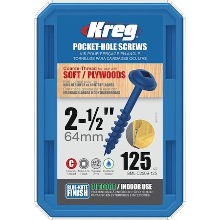 Kreg Blue-Kote #8 2-1/2 In. Coarse Maxi-Loc Washer Head Pocket Hole Screw, 125PK SML-C250B-125